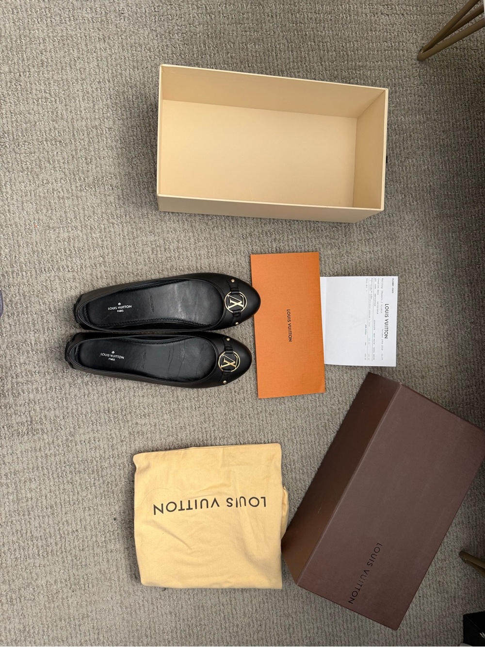 Louis Vuitton Black Leather Ballet Flats with Gold LV Medallion